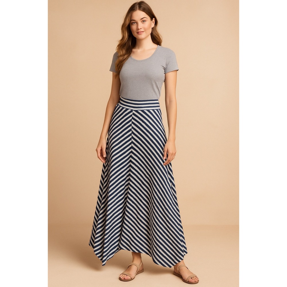 Faded Glory Maxi Skirt Size M Navy Gray Striped Handkerchief Hem Beachy Boho